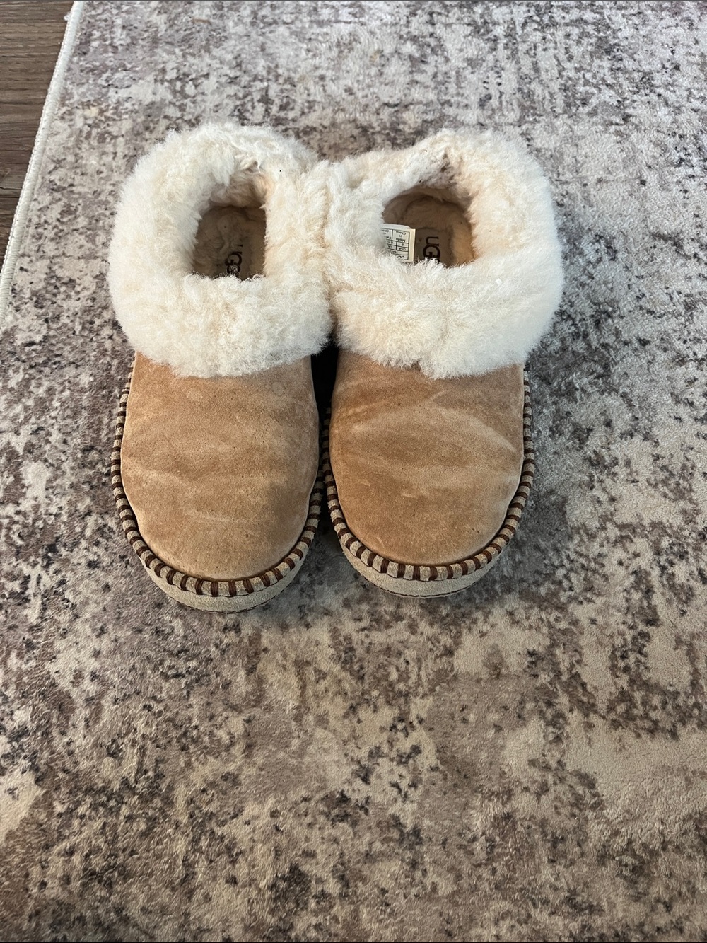UGG Chestnut Suede Shearling Cuff Slip-On Slippers with Cream Fur Trim